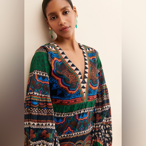 FARM Rio V-Neck Printed Tunic Dress in Green Size Extra Small. - Picture 14 of 15